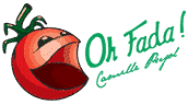Logo d'une tomate rouge stylisée, avec une grande bouche ouverte comme si elle criait ou chantait, à côté d'un grand bloc vert portant un texte stylisé illisible.