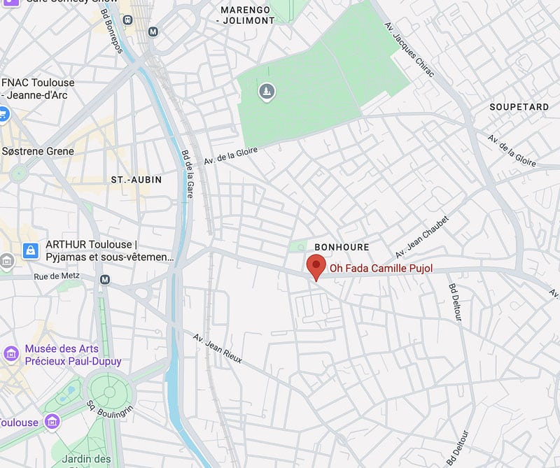 Localisation Oh Fada Camille Pujol Toulouse | Carte St-Aubin Carte Google Maps centrée sur "Oh Fada Camille Pujol" dans le quartier BONHOURE à Toulouse, près de St-Aubin et Bd de la Gare.